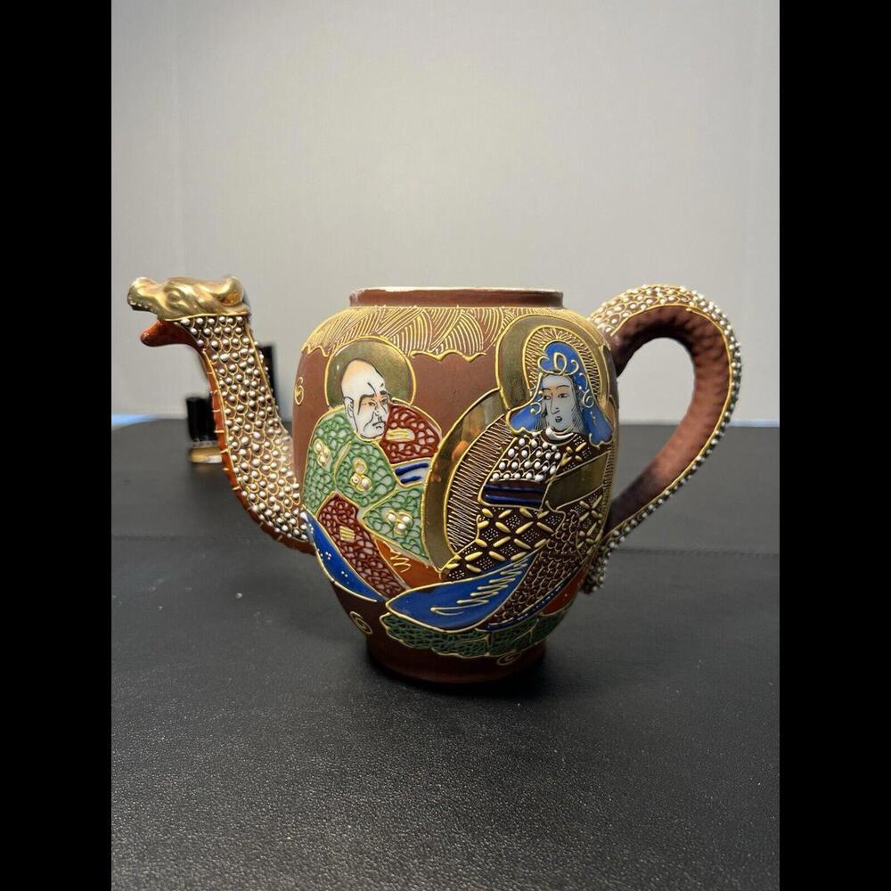 Japanese Antique 1868 To 1912 Meiji Satsuma Moriage Dragonware Immortals Teapot